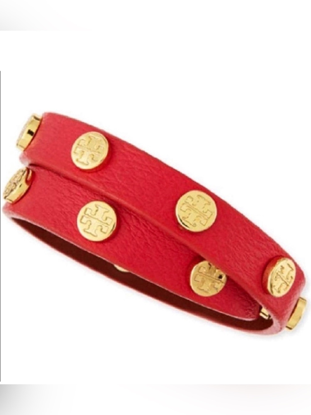 Tory Burch Red Leather Double-Wrap Bracelet with Gold Logo Studs